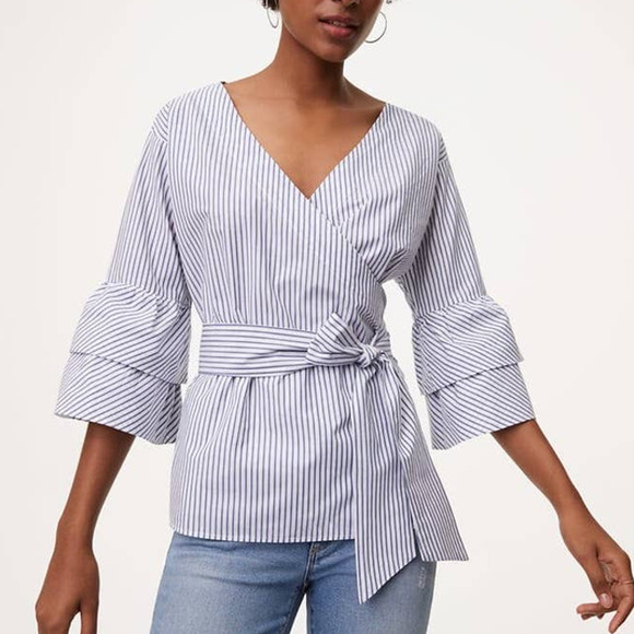 LOFT Striped Wrap Blouse 100% Cotton Ruffle Tie Waist 3/4 Sleeve Women's Size L - Picture 1 of 5